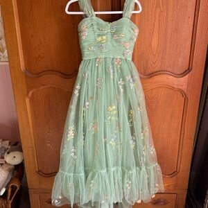 Zapaka Sage Green Floral Tulle Dress